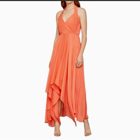 NWT BCBGMAXAZRIA Chiffon Faux Wrap High Low Halter Dress Tie At Waist Salmon XXS - Picture 8 of 8